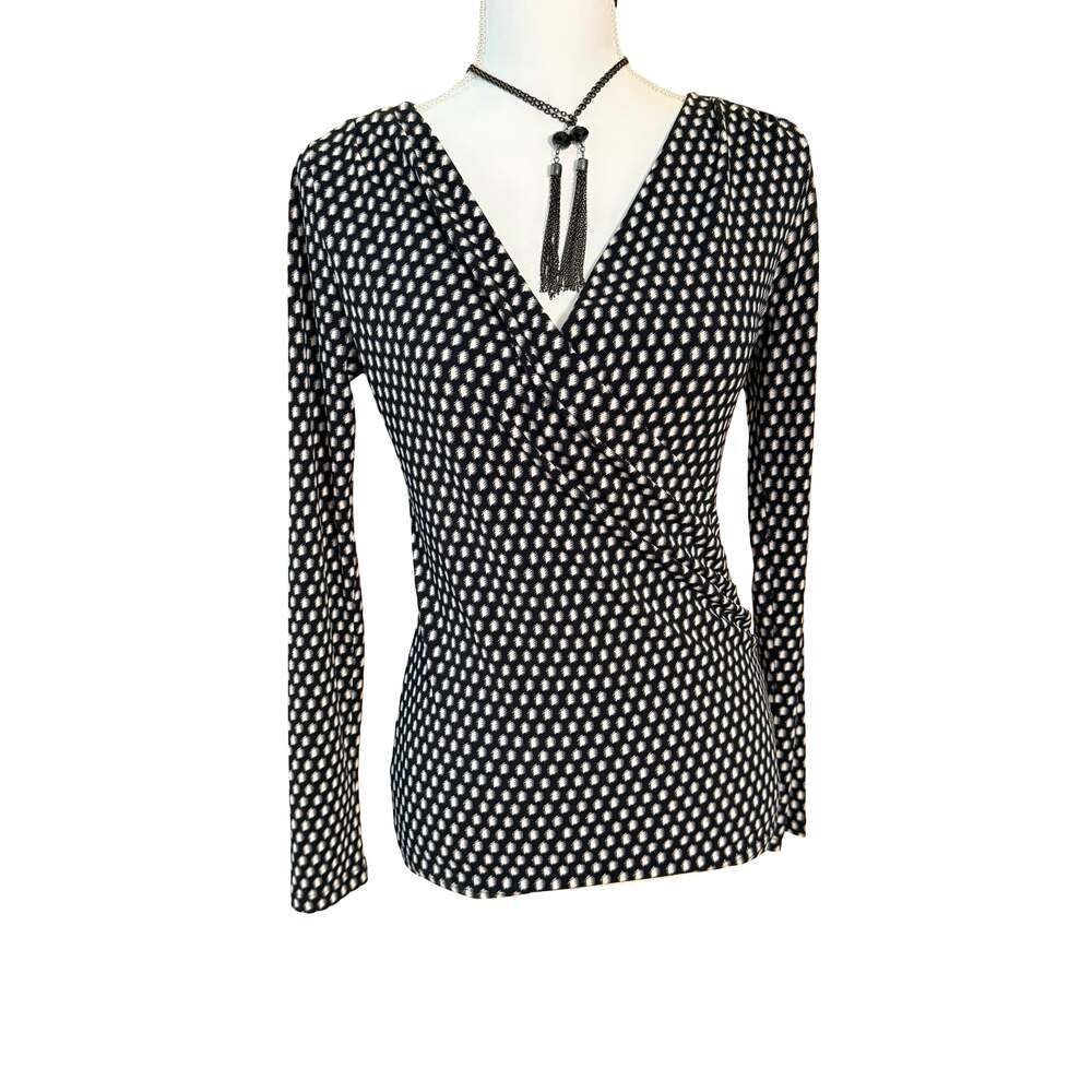 Ann Taylor Petite SP Black and White Geometric Print Long Sleeve Wrap Top